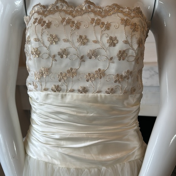 Jessica McClintock For Gunne Sak Strapless Ivory & Gold Tulle Dress Size 7/8 - Picture 3 of 14